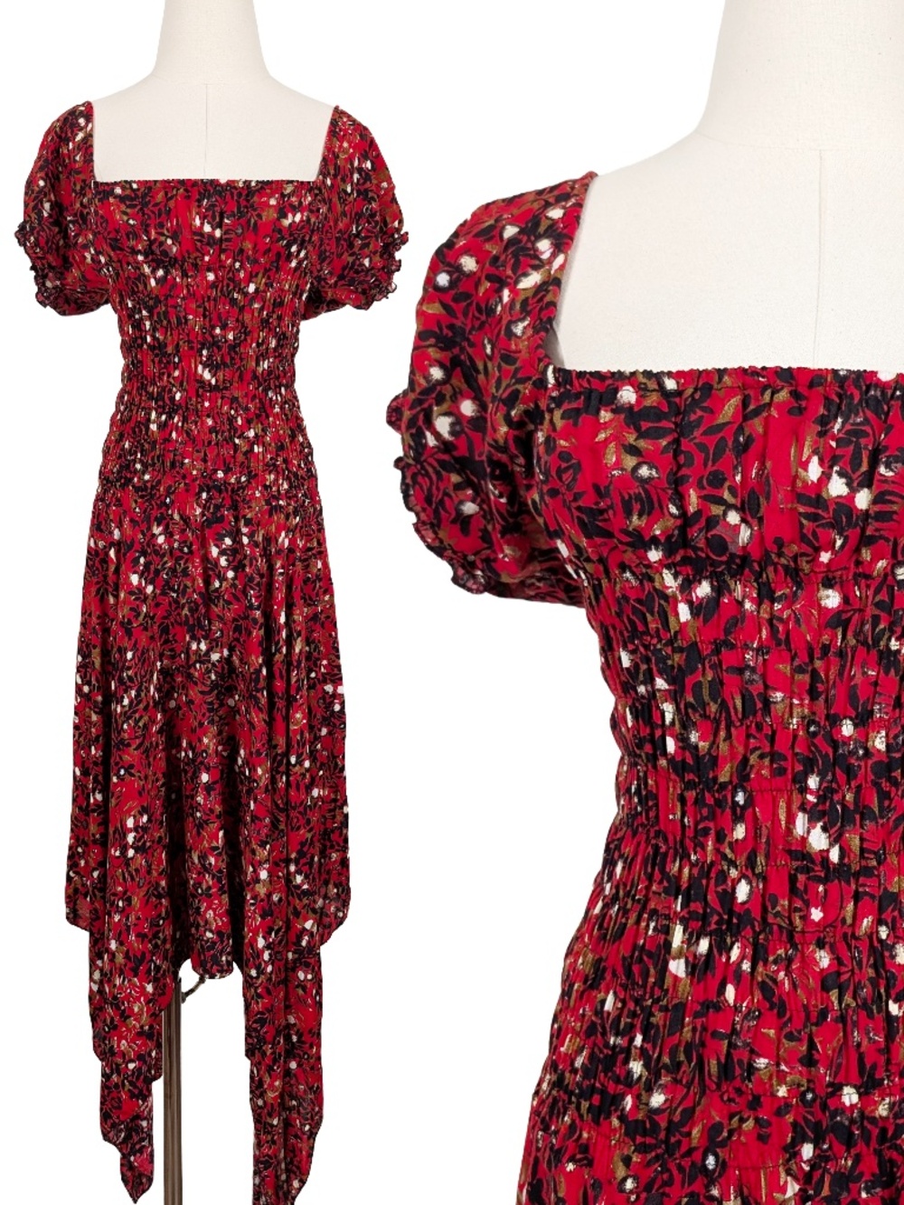 Red Asymmetrical Floral Dress Size XXL Boho Milkmaid Puff Sleeve
